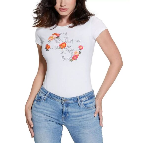 GUESS Women's Top Sz M Embellished Flower Quattro Logo T-Shirt - Picture 1 of 3